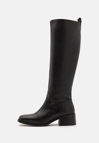 Black knee-high boot made of smooth leather with a block heel, rounded toe, and a sleek, unembellished design.