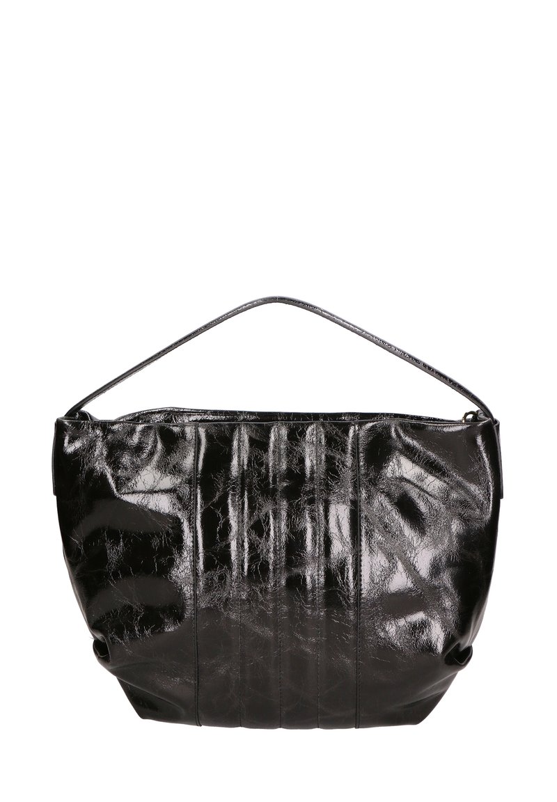 Borsa a mano nera, lucida, in pelle ecologica con manico curvo, texture arricciata e plissee verticali, che presenta una finitura liscia e riflettente.