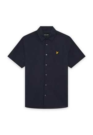 Camicia nera a maniche corte con bottoni, colletto e piccolo logo di uccello giallo sul petto a sinistra.