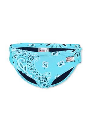 Bañador corto azul brillante con estampados paisley y florales en blanco y negro, con un pequeño parche con el logo "MC2 Saint Barth".