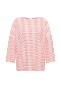 Løs, langærmet top med bådudskæring, med smalle vandrette røde og hvide striber.