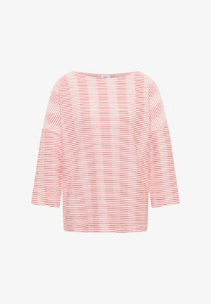 Luźna bluzka z długim rękawem i dekoltem w łódkę, z wąskimi poziomymi czerwono-białymi paskami.