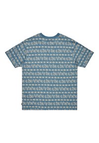 Short-sleeve blue t-shirt featuring a white botanical pattern, round neckline, and a relaxed fit with a textured fabric.