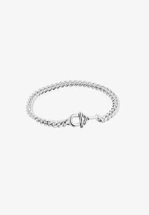 Silberne Kettenarmband mit ineinandergreifenden Gliedern und einem Toggle-Verschluss. Das polierte Metall hat eine glatte, reflektierende Oberfläche.