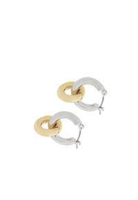Silver and gold-tone interlocking hoop earrings with hinged clasps on a white background.