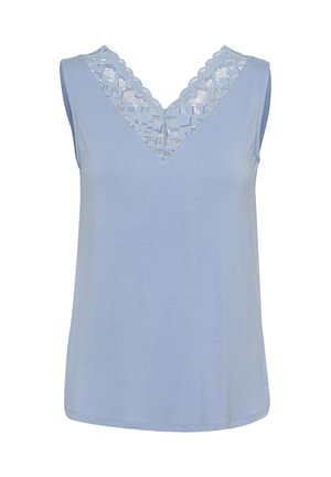 Lichtblauw mouwloos topje met een V-hals en kantdetails bij de halslijn. Zacht materiaal, ontspannen pasvorm en een gladde textuur.