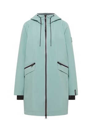 Lichtblauwe regenjas met capuchon, voorrits, twee met rits afsluitbare klepzakken, zwarte trekkoorden en lange mouwen met binnenmanchetten.