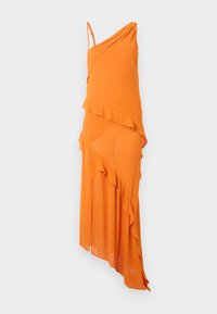 Orange asymmetrisk klänning med en elegant draperad design, som har en volangdetalj och tunna justerbara axelremmar. Slät yta, lätt material.