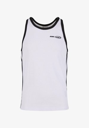 Fehér ujjatlan trikó fekete díszítéssel és oldalsó akcentussal, mellkason logóval. Könnyű, sima anyagból készült.