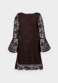 Hnedé čipkované šaty s dlhými zvonovými rukávmi, so vzorom kvetov a okrúhlym výstrihom. Zapínanie na zips na chrbte, dĺžka po kolená.