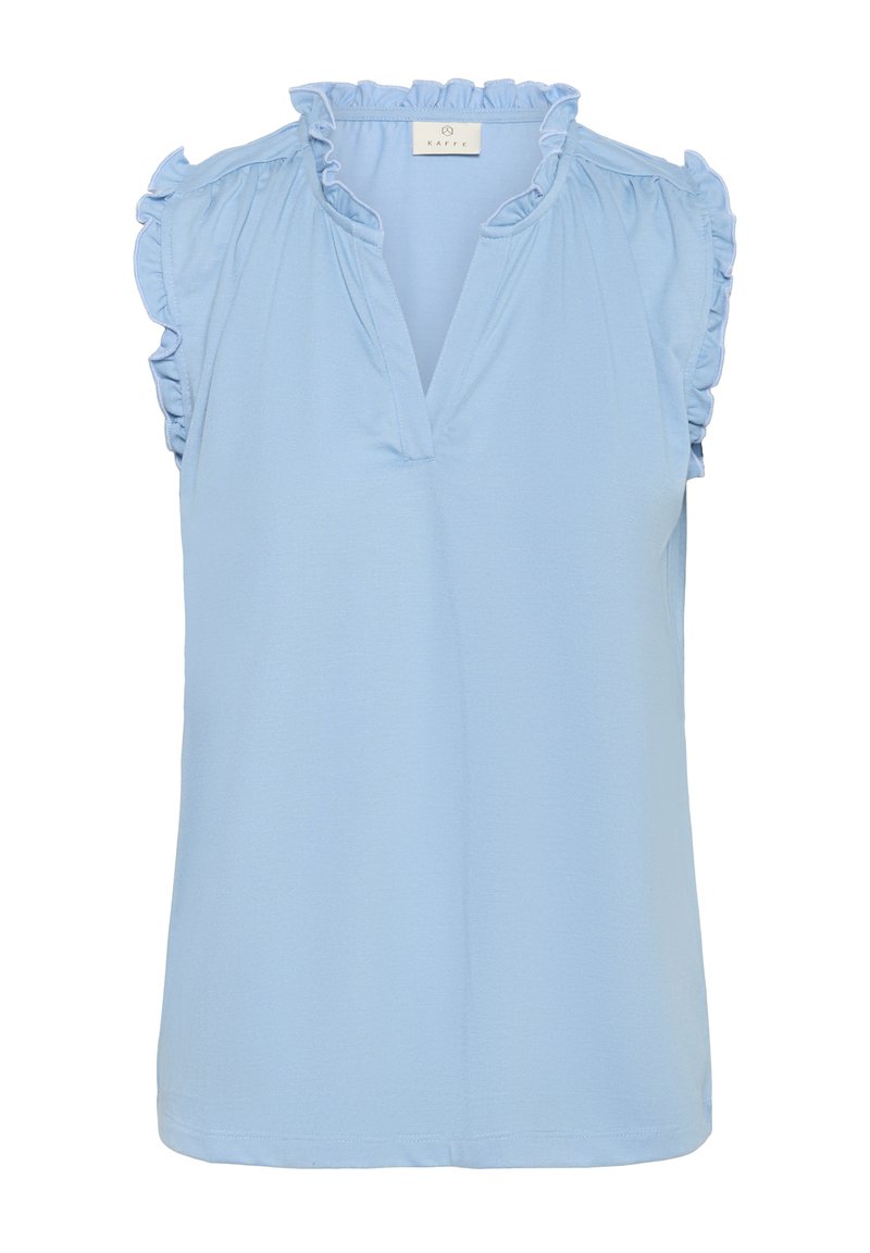 Blouse sans manches bleu clair avec des bords froncés aux épaules et au col, une ouverture en V et une petite étiquette de marque à l'intérieur de l'encolure.
