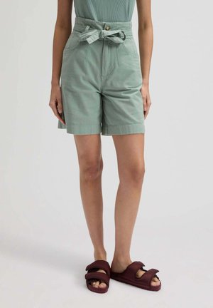 Grüne Shorts mit hohem Bund und gebundenem Gürtel, getragen von einer Person in dunkelroten Doppelschlaufen-Sandalen, stehend vor einem einfachen hellen Hintergrund.