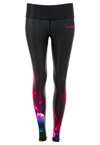 Zwarte legging met een kleurrijk edelsteenpatroon, een zachte textuur en een elastische tailleband. Logo in het roze op de bovenbeen.