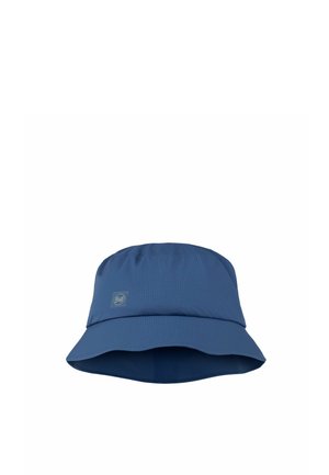Blue lightweight bucket hat with subtle texture and small logo patch on front.