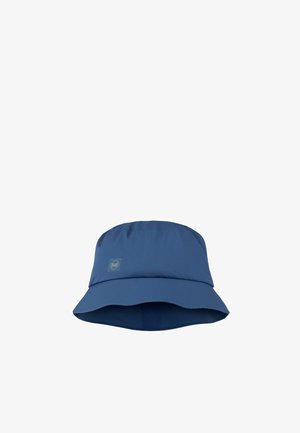 Blauer leichter Bucket Hat mit subtiler Textur und kleinem Logo-Patch auf der Vorderseite.