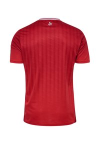 Rød kortermet skjorte med horisontale striper, rund hals med en hvit stripe og logodetalj på øvre rygg.