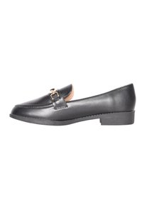 Mocassino in pelle nera con tacco basso, dotato di una fibbia decorativa sul davanti e una finitura liscia.