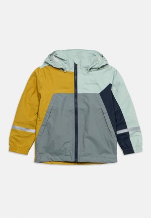 Children’s hooded jacket with front zipper, featuring color blocks in mustard yellow, light blue, gray, and navy, with elastic cuffs and reflective sleeve stripes.