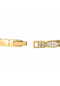 Bracciale in oro con maglie lisce e una sezione decorata con cristalli trasparenti, caratterizzato da una finitura lucida e un design geometrico.