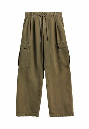 Olive green wide-leg cargo pants with button and drawstring waist, two front pockets, and flap side pockets.