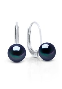 Boucles d'oreilles rondes en perles bleu foncé avec un éclat métallique, montées sur des crochets à ressort en métal argenté. Surface lisse avec une qualité réfléchissante.