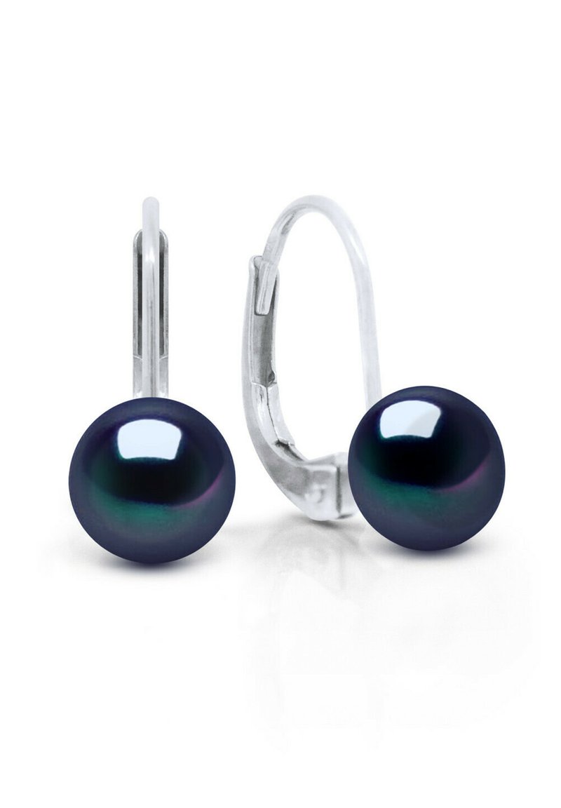 Boucles d'oreilles rondes en perles bleu foncé avec un éclat métallique, montées sur des crochets à ressort en métal argenté. Surface lisse avec une qualité réfléchissante.