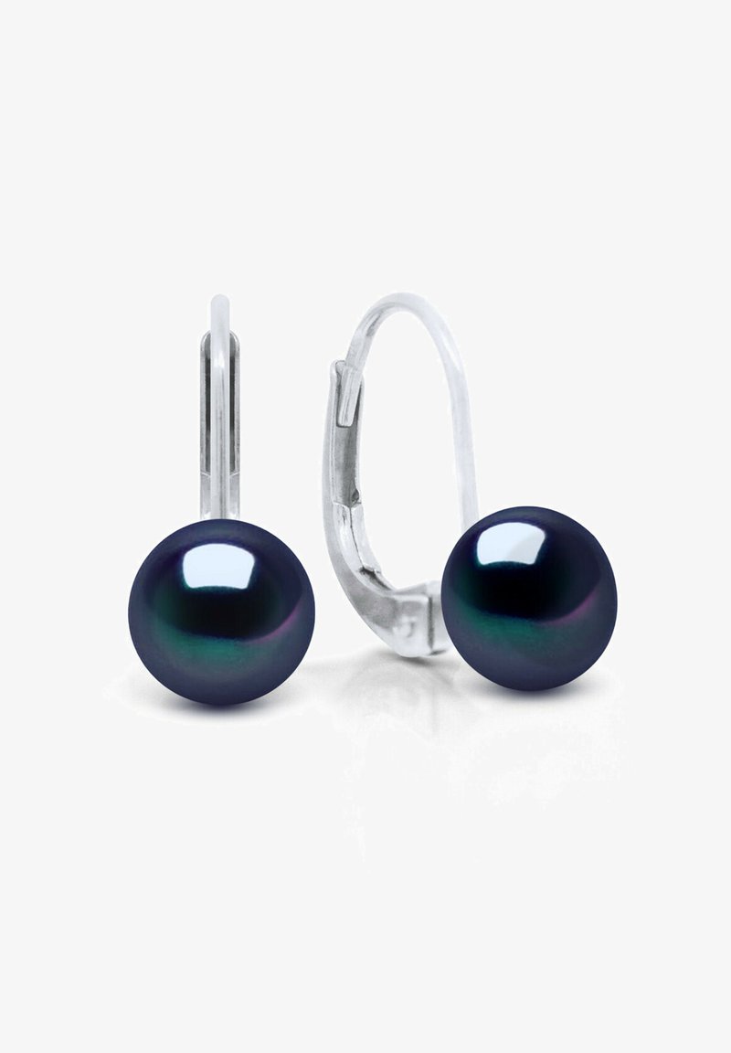 Boucles d'oreilles rondes en perles bleu foncé avec un éclat métallique, montées sur des crochets à ressort en métal argenté. Surface lisse avec une qualité réfléchissante.