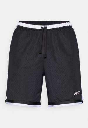 Calções atléticos em malha preta com uma superfície texturizada, cintura elástica, cordão preto e detalhes brancos na bainha e no logo.