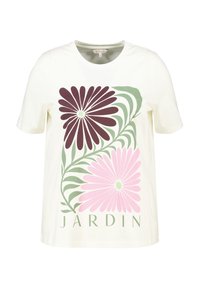 Korte mouwen crème t-shirt met een bloemenprint in burgundy en roze, met bladeren en het woord "JARDIN" in groen. Gemaakt van katoen.
