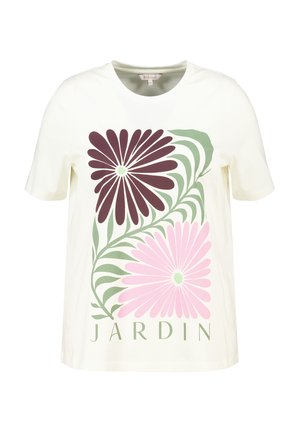 Korte mouwen crème t-shirt met een bloemenprint in burgundy en roze, met bladeren en het woord "JARDIN" in groen. Gemaakt van katoen.