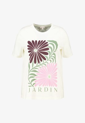 Korte mouwen crème t-shirt met een bloemenprint in burgundy en roze, met bladeren en het woord "JARDIN" in groen. Gemaakt van katoen.