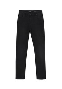 Schwarze Denim-Jeans mit geradem Bein, ausgestattet mit fünf Taschen, einem Knopf- und Reißverschluss, sowie dezenten Verblassungen. Glatte Textur.