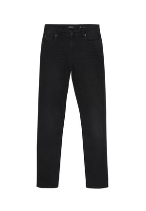 Zwarte denim jeans met een rechtzijdig ontwerp, voorzien van vijf zakken, een knoop- en ritsluiting, en subtiele vervaging. Soepele textuur.