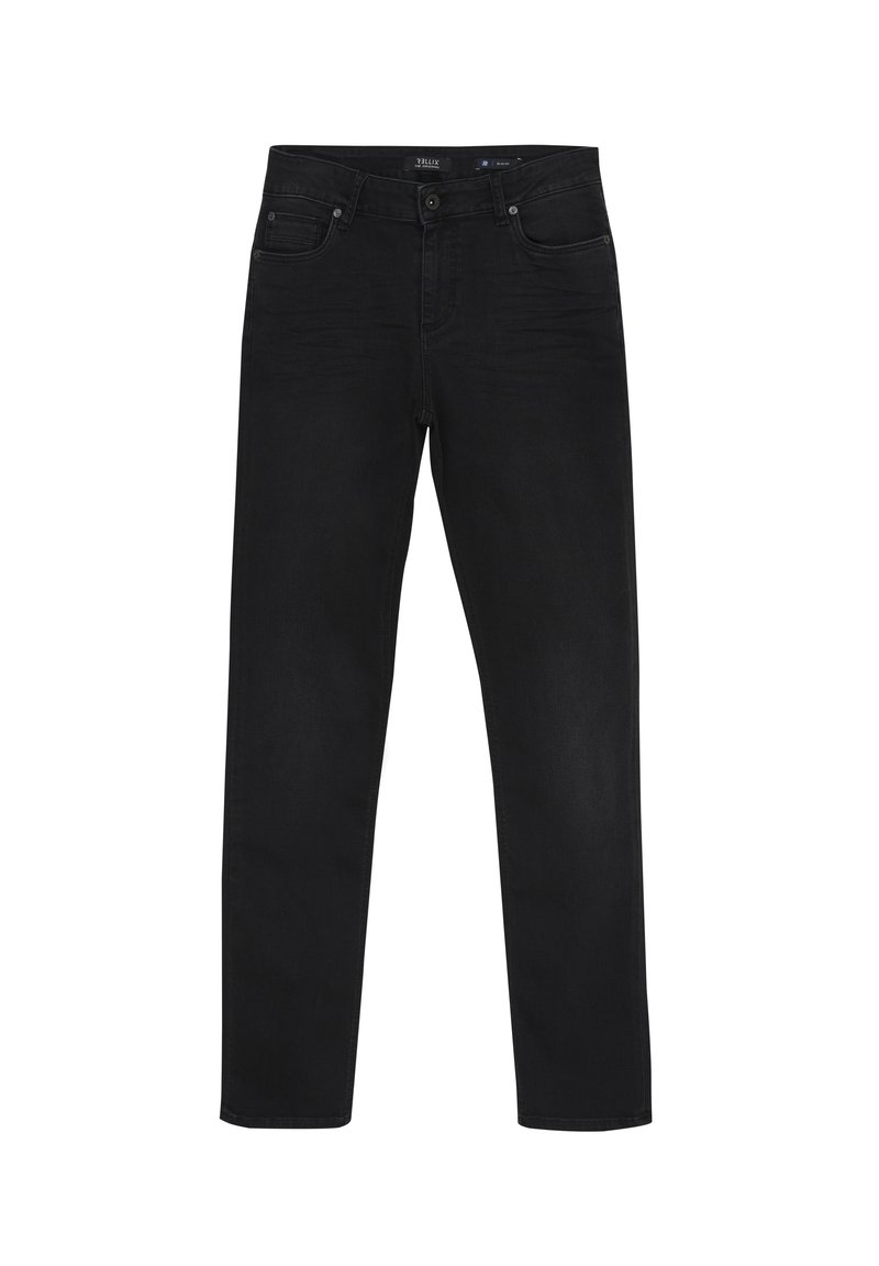Schwarze Denim-Jeans mit geradem Bein, ausgestattet mit fünf Taschen, einem Knopf- und Reißverschluss, sowie dezenten Verblassungen. Glatte Textur.