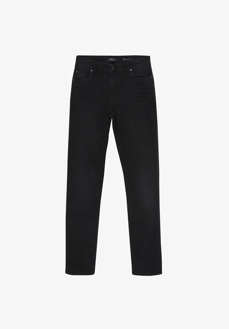 Jean en denim noir avec une coupe droite, comportant cinq poches, un bouton et une fermeture éclair, ainsi qu'un léger effet délavé. Texture lisse.