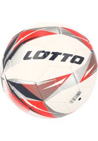Valkoinen jalkapallo, jossa on punaisia, harmaita ja mustia geometrisiä kuvioita, ja joka on tekstuuripintainen. "LOTTO"-logo näkyvästi esillä.
