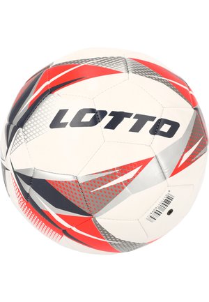 Hvid fodbold med røde, grå og sorte geometriske mønstre og en tekstureret overflade. "LOTTO"-logoet præsenteres tydeligt.