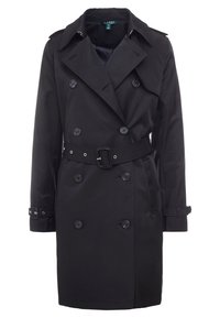 Czarny dwurzędowy płaszcz trench wykonany z gładkiego materiału, z paskiem w talii, dużymi guzikami i epoletami na ramionach.