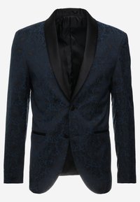 Blazer blu navy con motivo floreale nero, colletto a scialle in satin nero, due bottoni neri e due tasche frontali.