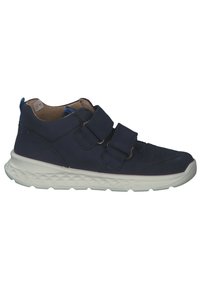 Sneakers blu navy con tomaia in sintetico liscio, doppie strisce di Velcro e suola in gomma bianca testurizzata. Presentano dettagli perforati e interno imbottito.