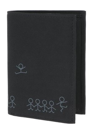 Portefeuille noir pliable avec des dessins simples de bonhommes bâtons gris clair le long du bas et un personnage sautant au-dessus.
