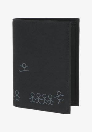 Black bifold wallet with simple light gray stick figure designs along the bottom and one figure jumping above.