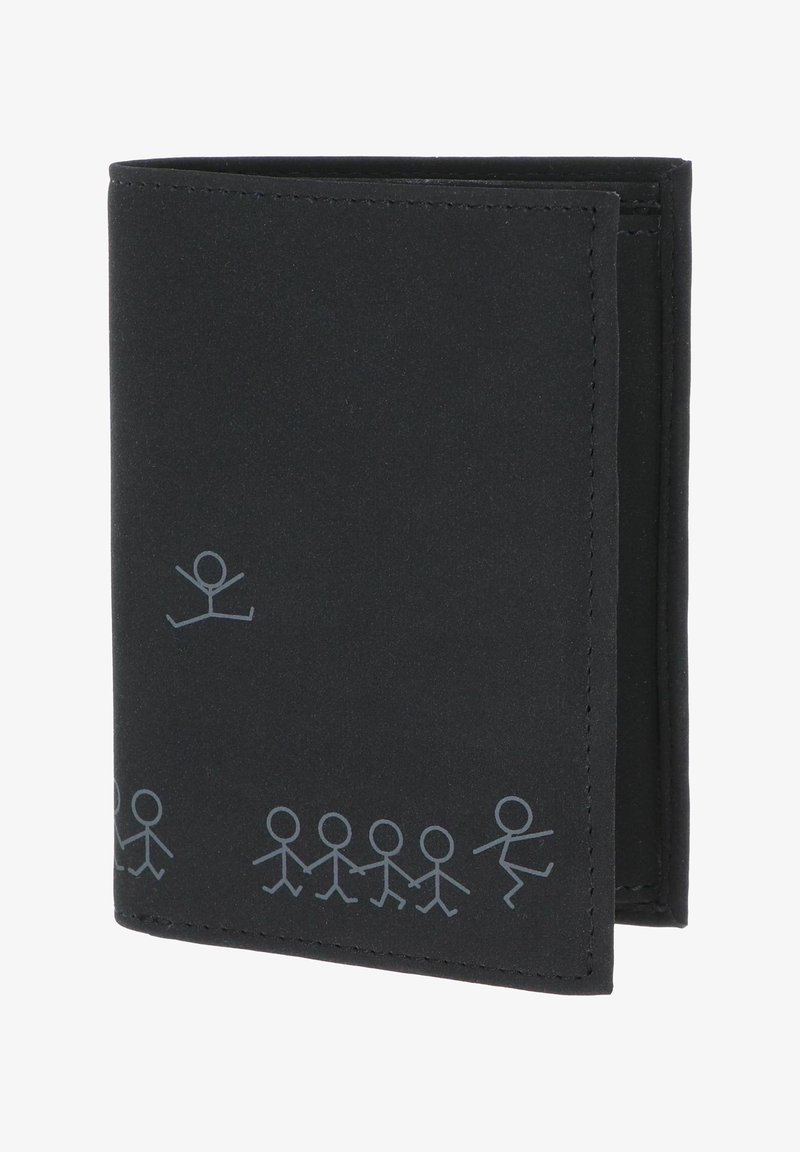 Portefeuille noir pliable avec des dessins simples de bonhommes bâtons gris clair le long du bas et un personnage sautant au-dessus.