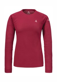 Langärmliges Oberteil in Dunkelrot, aus strukturiertem Stoff, mit Rundhalsausschnitt, taillierter Silhouette und kleinem weißen Logo auf der Brust.