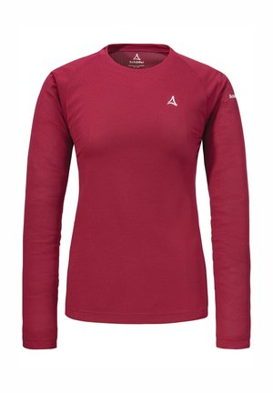 Langärmliges Oberteil in Dunkelrot, aus strukturiertem Stoff, mit Rundhalsausschnitt, taillierter Silhouette und kleinem weißen Logo auf der Brust.