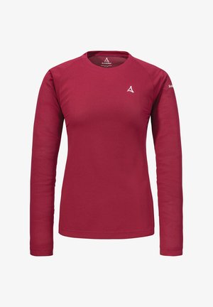 Langärmliges Oberteil in Dunkelrot, aus strukturiertem Stoff, mit Rundhalsausschnitt, taillierter Silhouette und kleinem weißen Logo auf der Brust.