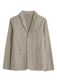 Blazer da uomo in cotone beige con finitura strutturata, rever a punta, chiusura con tre bottoni e due tasche frontali.