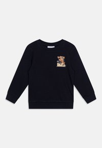 Felpa blu navy con maniche lunghe, polsini a coste e una grafica di T-rex con skyline. Realizzata in materiale morbido, presenta un design a collo rotondo.