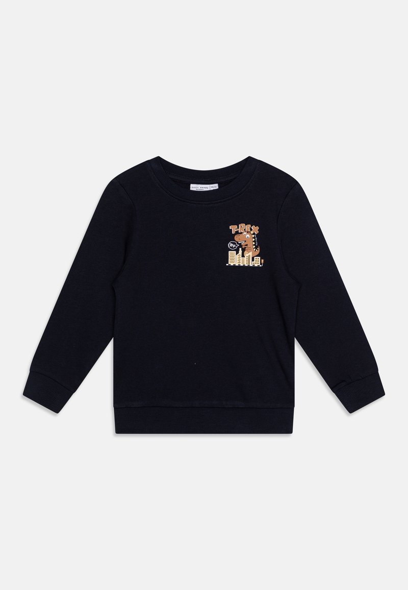 Felpa blu navy con maniche lunghe, polsini a coste e una grafica di T-rex con skyline. Realizzata in materiale morbido, presenta un design a collo rotondo.