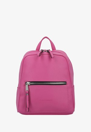 Roza teksturirana usnjena nahrbtnik z žepom z zadrgo spredaj, dvojno zadrgo in ročajem za nošenje na vrhu.